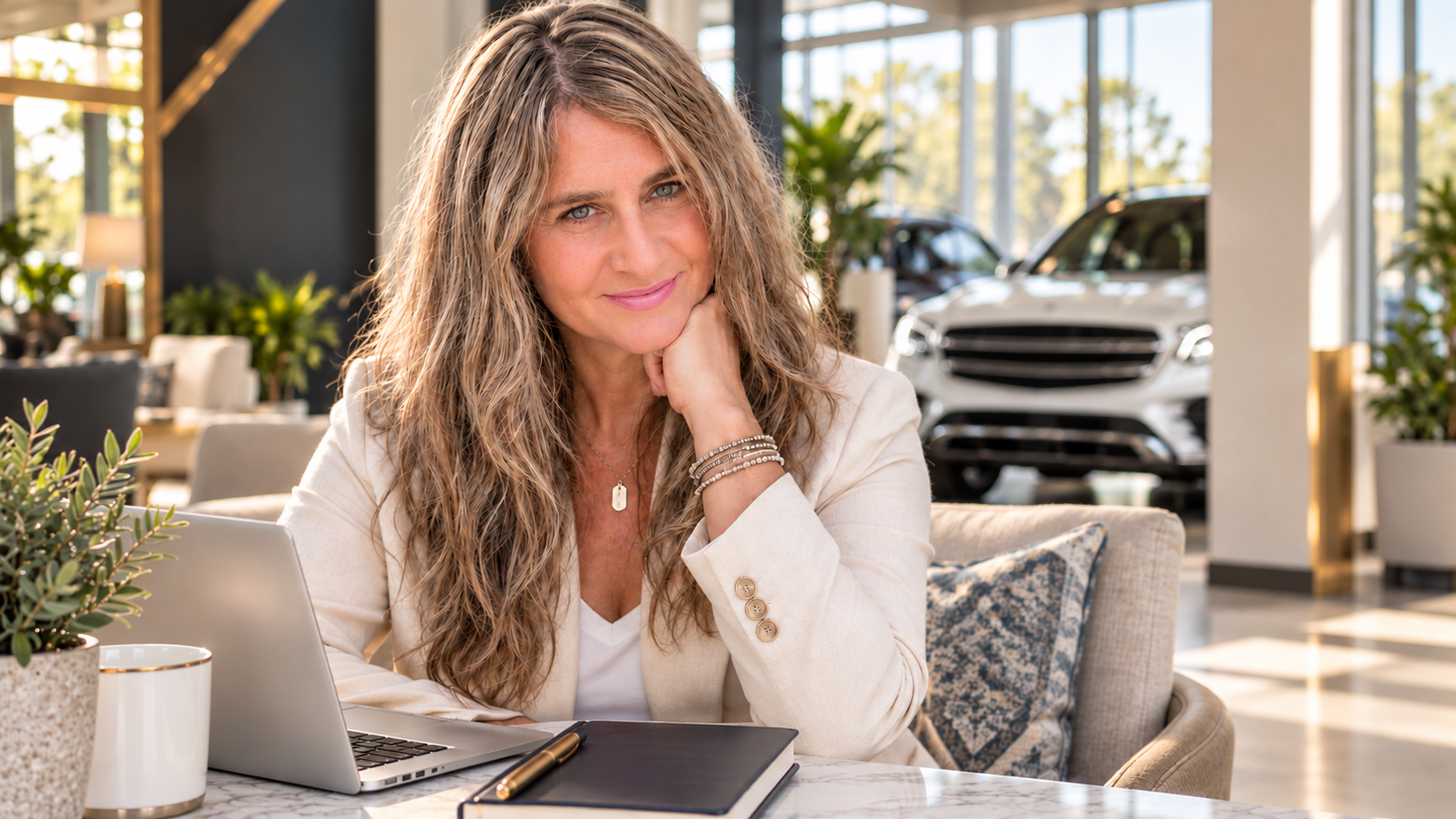 Holly Kobolt, founder of Driven Attention, standing beside a vehicle at a coastal hotel entrance.