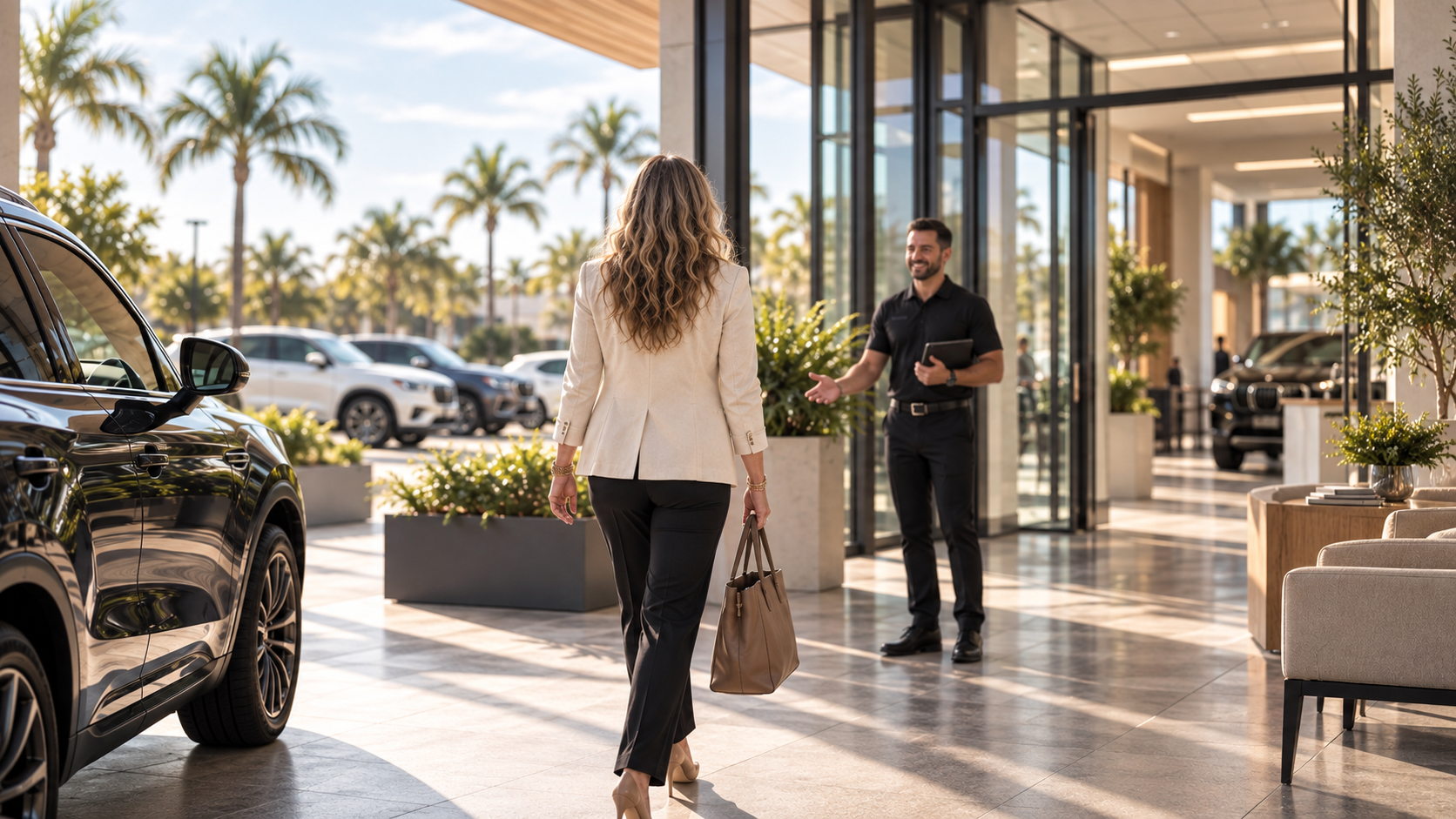 Customer arriving at a modern automotive dealership where a staff member is ready to welcome her.